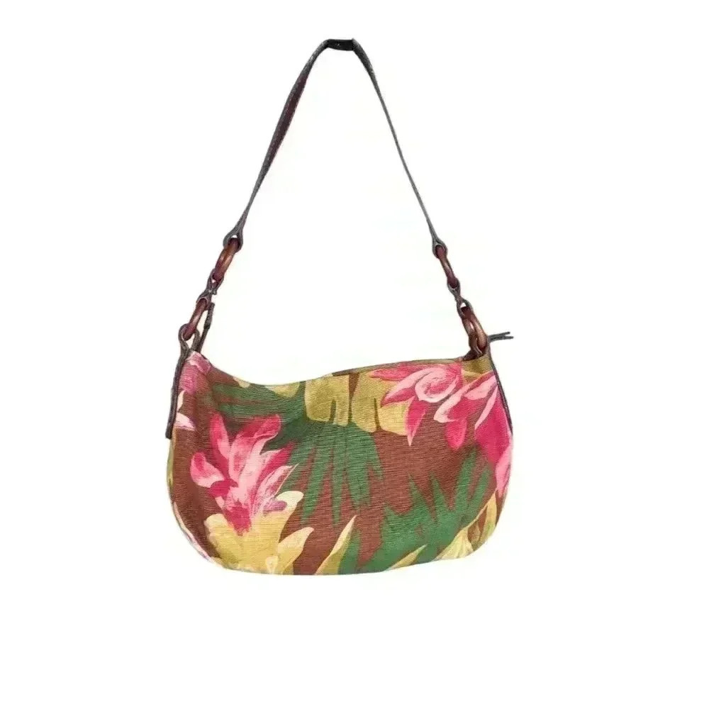 Vintage FOSSIL Leather and Fabric Tropical Floral Shoulder Bag